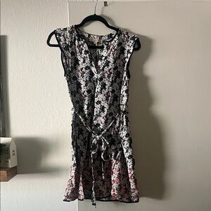 LOFT Black Floral Sleeveless Wrap Dress with Pink Accents